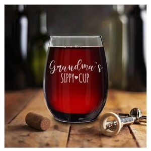 Grandma's Sippy Cup Engraved Stemless Wine Glass 15 oz. Dishwasher safe.